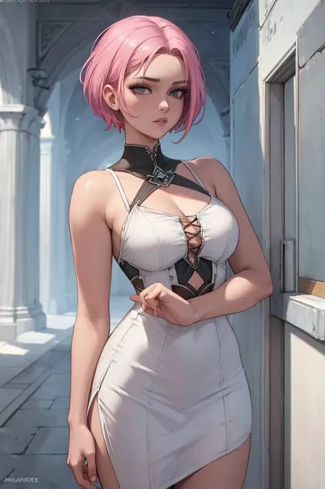 arcanevo, A woman with short pink hair wearing a white dress., feminine face,  character art from Unreal Engine , retrato