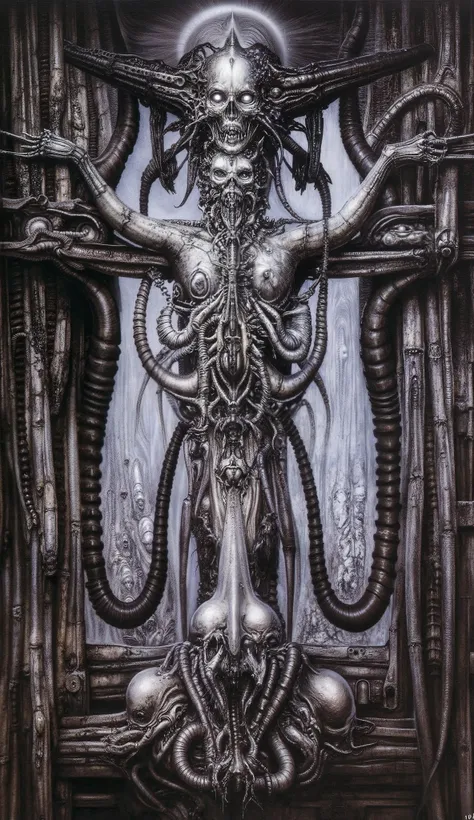 Please reproduce the original image as accurately as possible, capturing the intricate details of the biomechanical structures, the dramatic lighting, and the overall sense of unease. Find and enhance depiction of Giger's demons and creatures.(best quality...