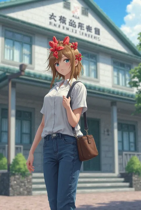 A girl hen standing in front of Kakirawa english academy name type  building wearing a white shirt and blue pants and carrying a bag on one side of her shoulder