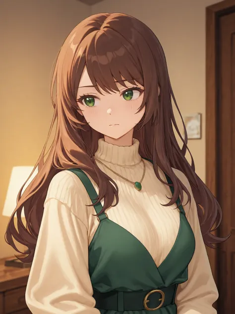 "An anime-style illustration of a s girl with shoulder-length straight brown hair with slightly wavy ends. She has dark green eyes and a slightly serious expression, but her emotions are easy to read on her face. She wears a simple yet stylish outfit, tryi...