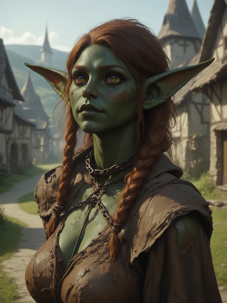 full shot of a short goblin slave girl with green skin, brown twin tails hair, dirty face and body, attractive body, slave chain collar on her neck, her clothes are worn out and ripped, green skin color, medieval background