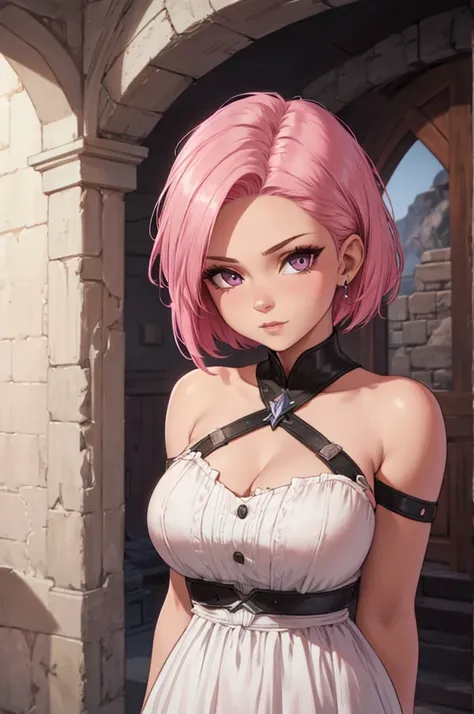 arcanevo, A woman with short pink hair wearing a white dress., feminine face,  character art from Unreal Engine , retrato