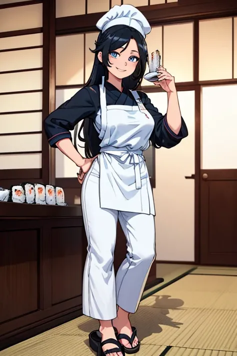 female, black long hair in a ponytail, blue eyes, (((1girl))), (((white sushi chef attire))), (white pants), (Japanese sandals), (white apron), cute and sexy, full body, modest breasts, long legs, smiling