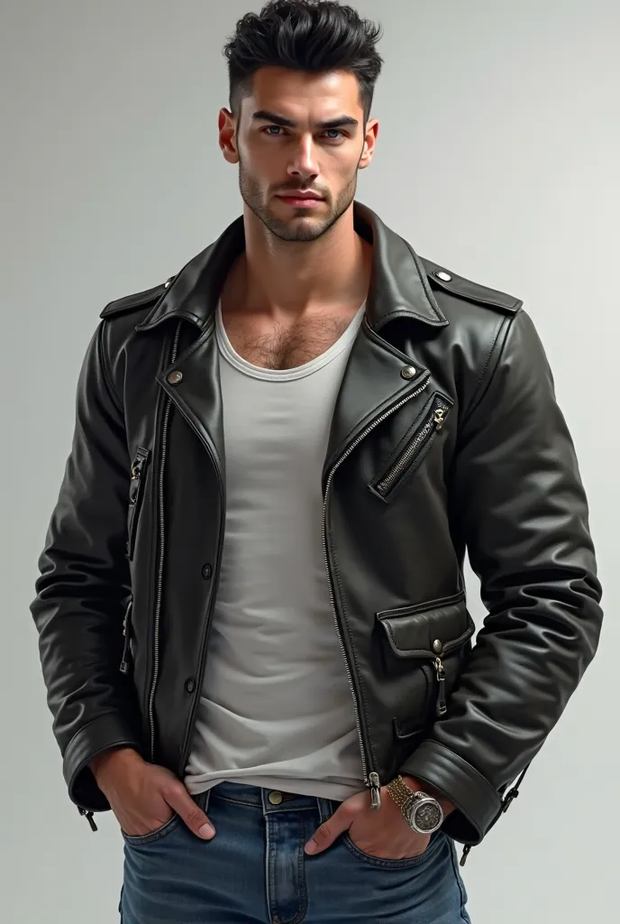 （lifelike， high - resolution：1.3）， 1 man with a perfect body， Super fine masculine face and blue eyes，black elegant haircut， Tank top of random colors：1.2，athletic body, casual clothing, jeans and lether jaket 