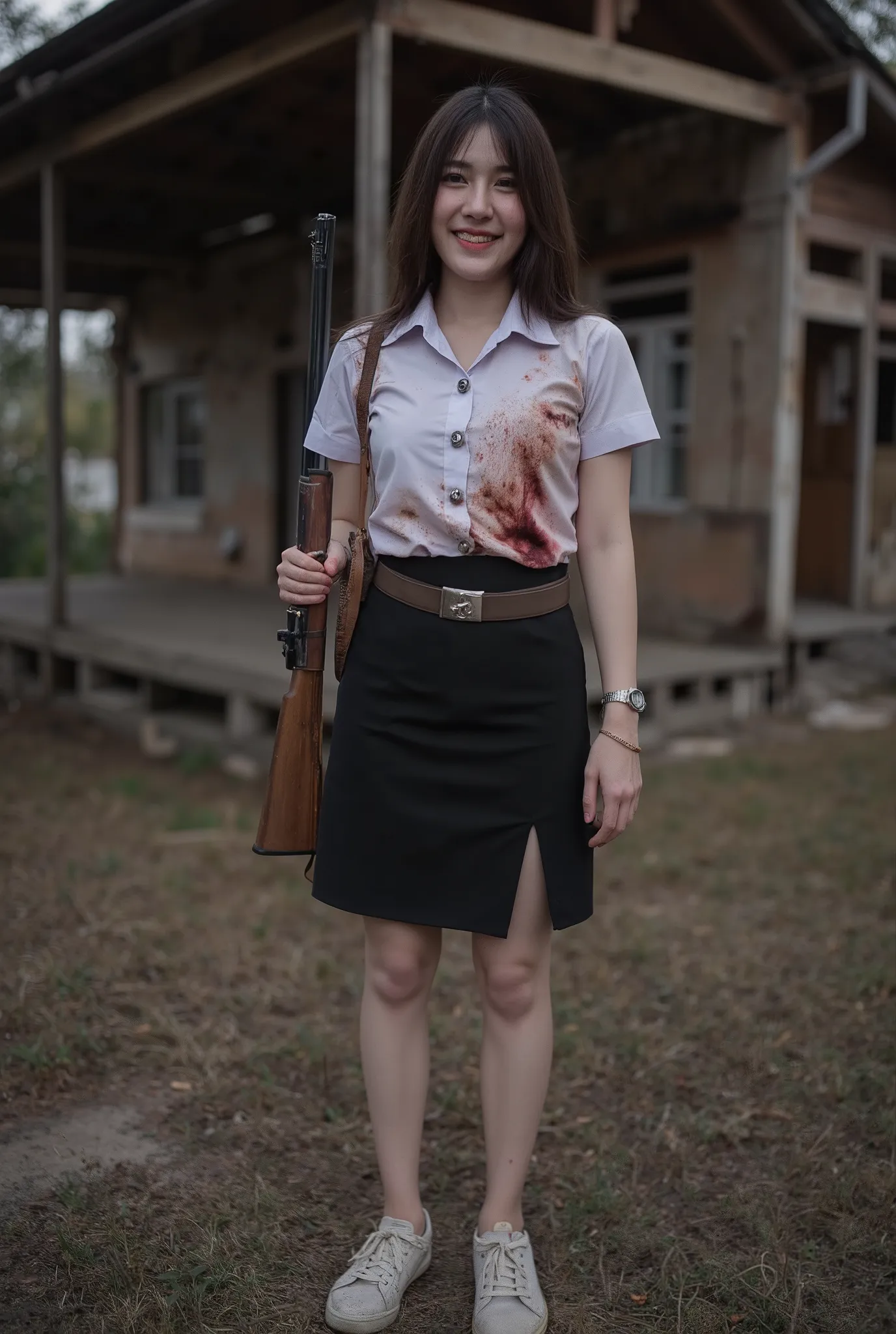 horror portrait Photograph of a young Asian woman with fair skin, long black hair. She wears a dirty white short-sleeved blouse มีเลือดเปรอะไปทั่วเสื้อผ้า, brown university belt, short black pencil skirt with side slits and white sneakers. ยิ้มแบบโรคจิต, S...