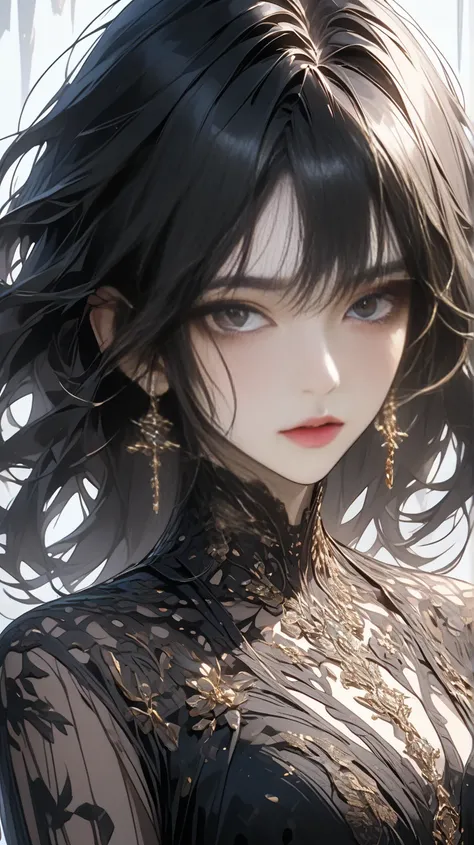 ( masterpiece:1.2, top quality), animated, Intricate Details, parted lip,  very detailed, perfect face, perfect body,  large model , black hair, black eye,  beautiful dark eyes, Beautiful Face,  cool, transparent