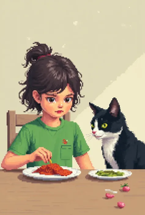  The girl in the green t-shirt, That the girl and the black and white cat are eating the girl on a table and the cat on their respective plate for cat food , All night  ,all pixel art