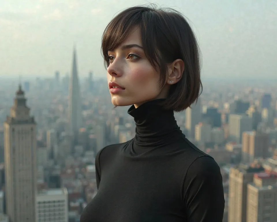 A beautiful girl with realistic features and an extremely long neck, wearing a tight black lycra turtleneck that covers her entire neck. The turtleneck is tight and  stuck to the neck. She looks straight ahead at a city landscape
Short Hair, Large breasts,...