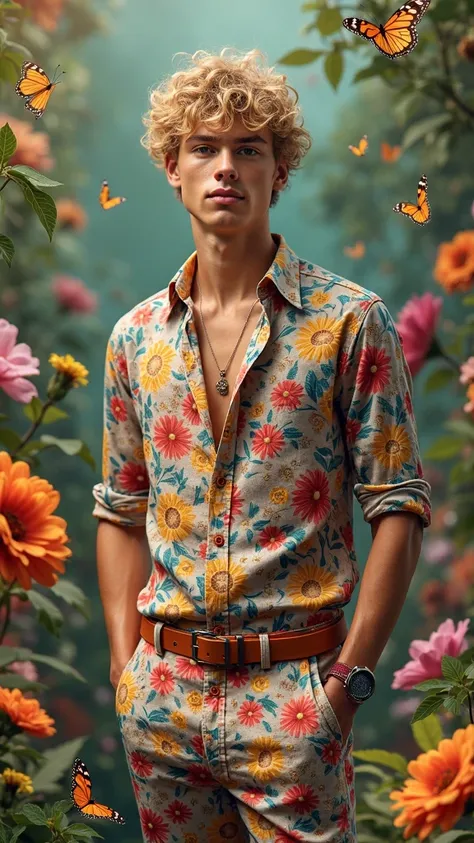 Young man with beige curly hair, See and return images, slender eyes, colorful floral dress shirt and tie, Floral Pants, The background is a lot of flowers々and butterfly wings