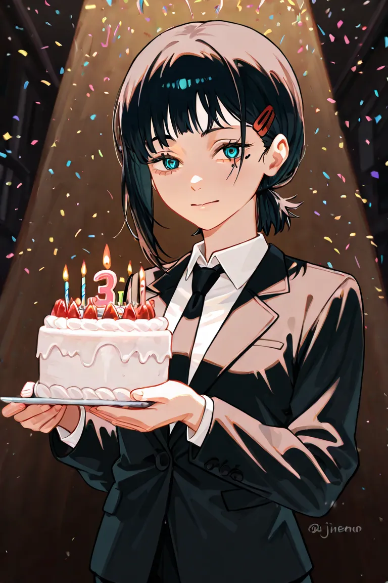 , the Jimeno girl from the anime "Chainsaw man", with a blue left eye, with a black bandage on her right eye, short black bob hairstyle and business suit, holds a birthday cake in his hands,  that says  "John".