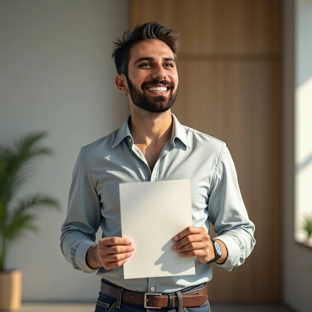 Character is a man holding a paper and looking forward and smiling 