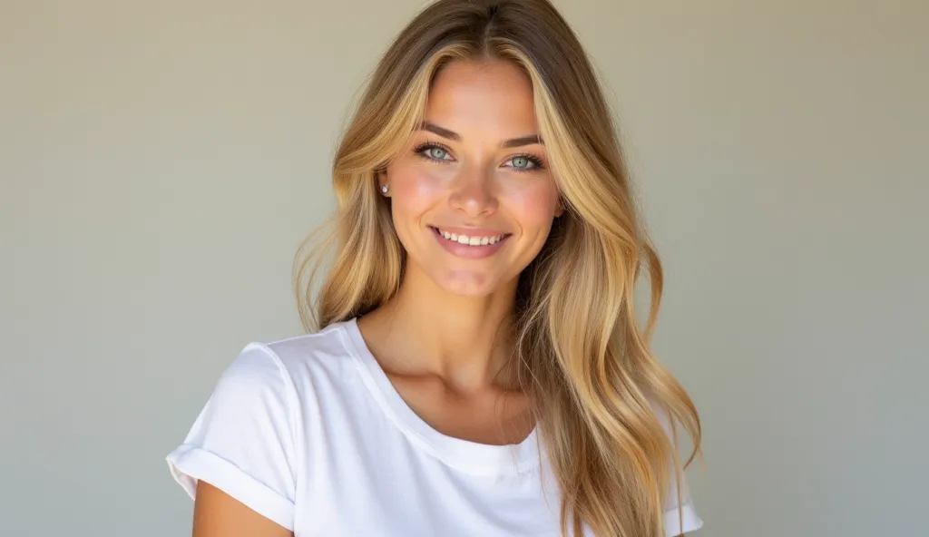 A portrait of a European woman with long, wavy golden blonde hair, wearing a casual white t-shirt. Her bright blue eyes and radiant smile exude warmth and confidence. The background is soft and neutral, with natural lighting highlighting her delicate featu...