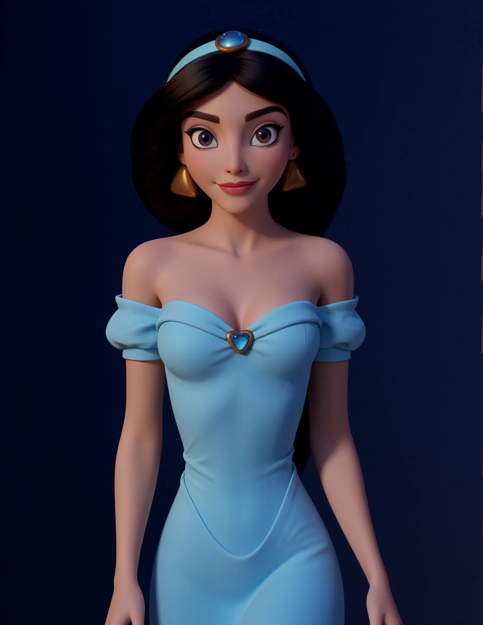 ((Jasmine)), Pixar style professional 3d model ,sexy hot 3d model,disney cartoon,(skin texture),prefect eyes, ((SEXY)),seductie,candid,attractive,cute smile,  beautiful face,dress, very long hair, hair details,  thin, perfect eyes, cute cheeks,  skinny, ad...