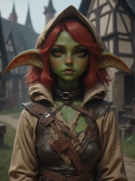 full shot of a short goblin slave girl with green skin, red twin tails hair, dirty face and body, attractive body, slave chain collar on her neck, her clothes are worn out and ripped, green skin color, medieval background