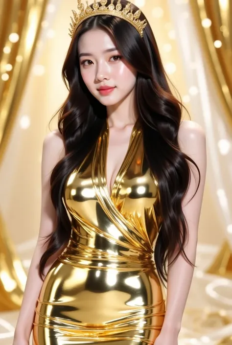 a woman in a stunning gold metallic gown that glimmers elegantly. The dress has a halter neckline and a fitted silhouette, accentuating her figure. She is wearing a golden crown-like headpiece with intricate details, complementing her overall regal appeara...