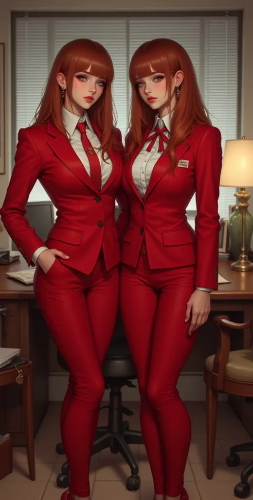 High definition,  Masterpiece , best quality,high detail, High quality, full length ,full frame,full height, straight hair,  red hair, Breasts,  earrings, Blue eyes, makeup, scarlet lips,  two girls, Red Business Pantsuit, office, Posing in the office.