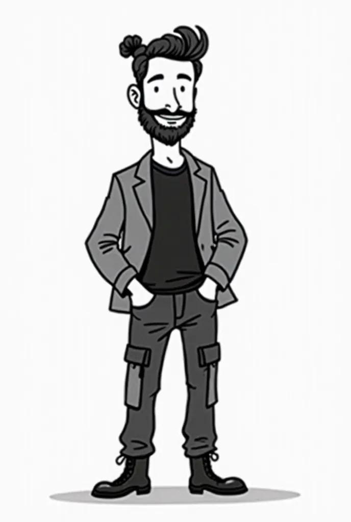 minimalist black and white crayon black lineart cartoon of man with manbun hair and short beard wearing a blazer and black tshirt and black cargo jean and black boots, white background, roal dahl, chibi, crayon, just lineart, chibi, funny, cartoon, 50's ca...