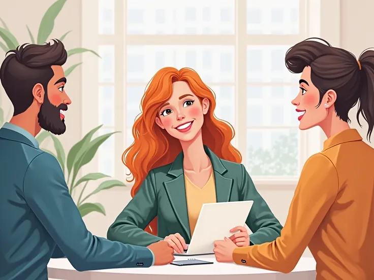 A vector illustration of a group of people in a professional setting, engaged in a friendly discussion. The characters have expressive facial features with well-defined emotions, but the style remains stylized and not photorealistic. Smooth gradients, clea...