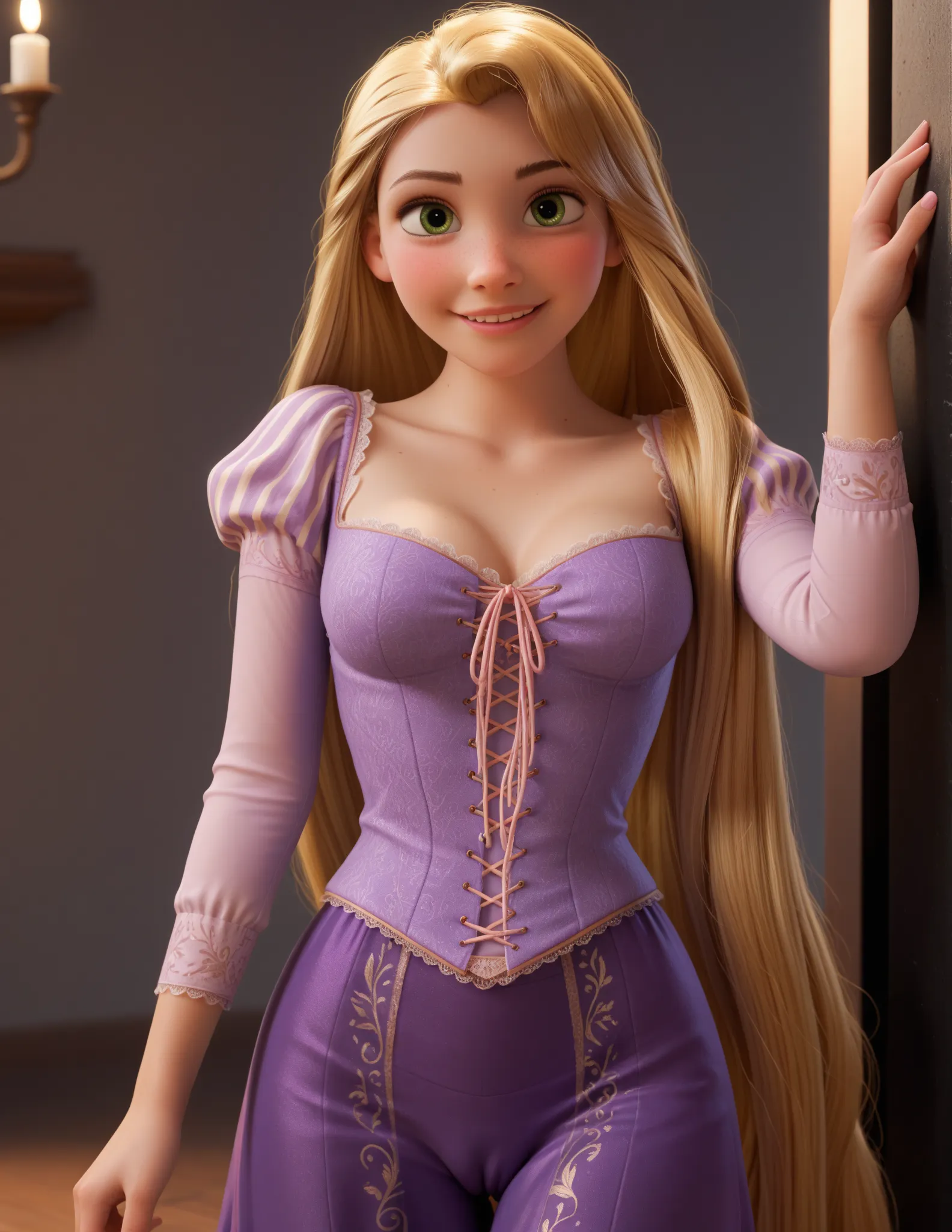 Rapunzel style professional 3d model ,sexy hot 3d model of Rapunzel, 20 yo,disney cartoon,(skin texture),prefect eyes, ((SEXY)),seductie,candid,attractive,cute smile,  beautiful face,dress, very long hair, hair details,blonde, green eyes,  thin, perfect ey...