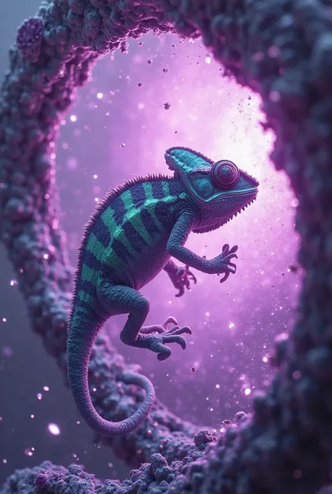  chameleon in a circular purple portal with its tail blowing