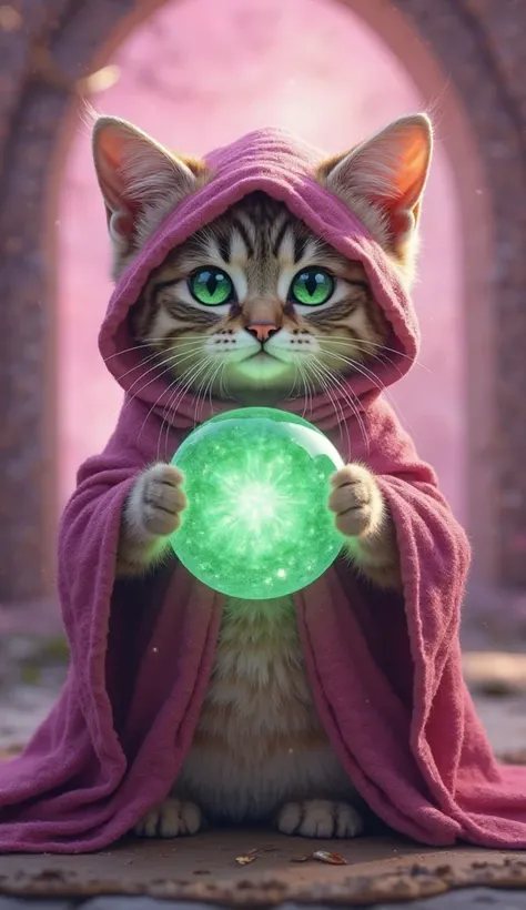 A cute Munchkin cat wearing a fortune teller costume、 is looking straight ahead 。A cute cat wearing a goddess costume with a crystal ball in both hands。The eyes are emerald green and very sparkling 。 The background is purplish pink and it is a spiritual fa...