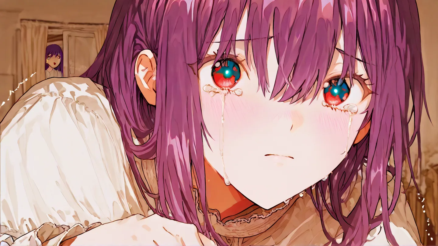 A girl with purple hair and red eyes cries