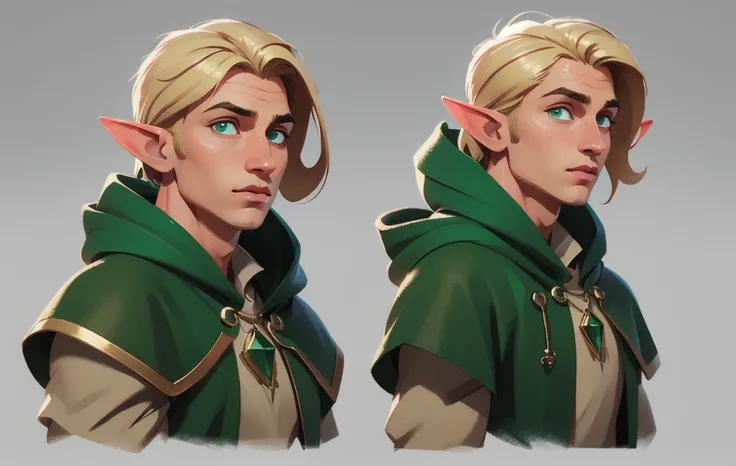 Multi view in the same pose, front view, side view, rear view, concept art, 1man, male focus, solo, blonde, elf, full body, white background, druid, green hood, green cloak, simple background, muscle