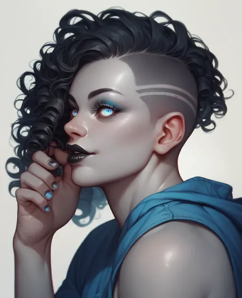 Humanoid creature, gray skin, extra eyes, black lips, long curly black hair, sidecut, blue clothes 