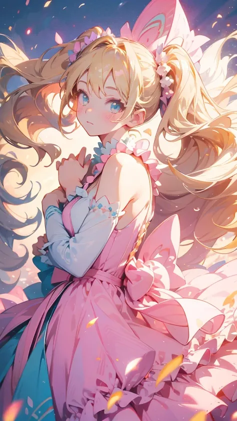  Hatsune Miku,Highest quality,  super fine, 16k, unbelievably absurd, very detailed, Beautiful pretty woman, shy, Big, bright eyes, Blonde Double Sided Princess Hairstyle ,  Princess-like Pink Ruffle Long Flare Skirt Dress,  Simple color background 