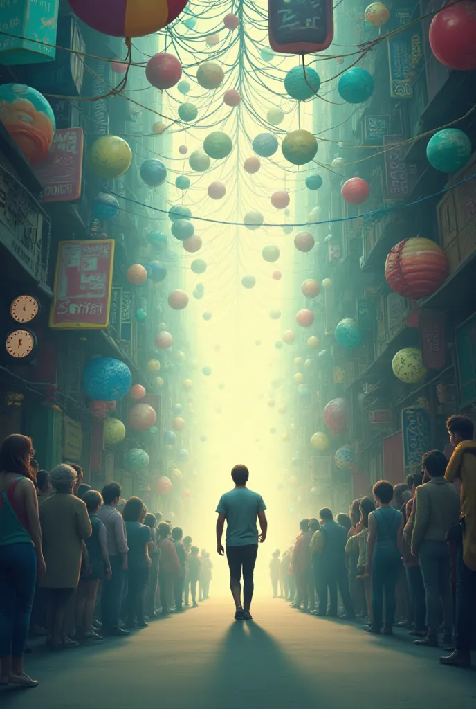 person stands at the edge of a bustling, chaotic world filled with distractions and noise. The scene around them is a blur of vibrant colors, swirling figures, and objects that represent responsibilities, expectations, and social pressures—crowds, social m...