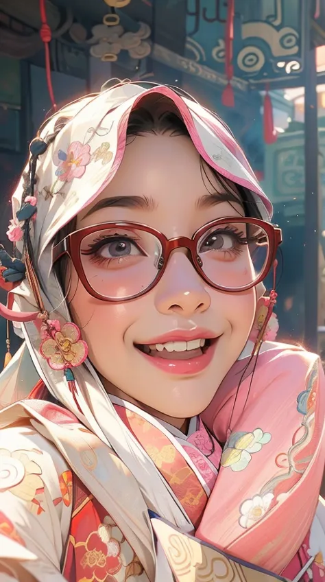 there is a young girl wearing glasses and a pink scarf, with glasses, spectacled, with square glasses, ruan cute vtuber, with accurate face, headshot profile picture, girl with glasses, close up potrait, with glasses on, thick round spectacles, girl wearin...