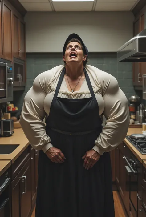 an elderly woman aged 75 from the Victorian era accidentally moved back to modern times. she's in the kitchen. she&#39;s shocked. her body is pretty muscular.  realistic photo. 