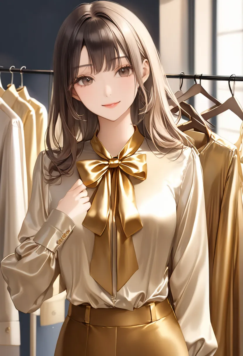 bow blouse, A photorealistic full-body shot of a flawlessly proportioned and beautiful 26-year-old Japanese woman with semi-long hair and a gentle smile. tie-neck blouse, She is standing in a well-lit room, gazing with admiration at a gorgeous, (((golden s...