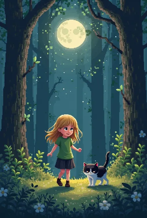 Create an atmosphere in the woods at night with a girl with long loose yellow hair with a black and white cat , The girl in the green t-shirt, that the girl and the cat are playing , all pixel art