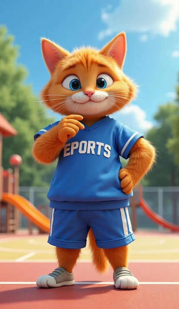 "A confident, anthropomorphic orange tabby cat with bright blue eyes, dressed as a sports coach in a blue athletic uniform with white details. The word 'SPORTS' is printed on the shirt. The cat stands on an outdoor basketball court, holding a whistle in it...