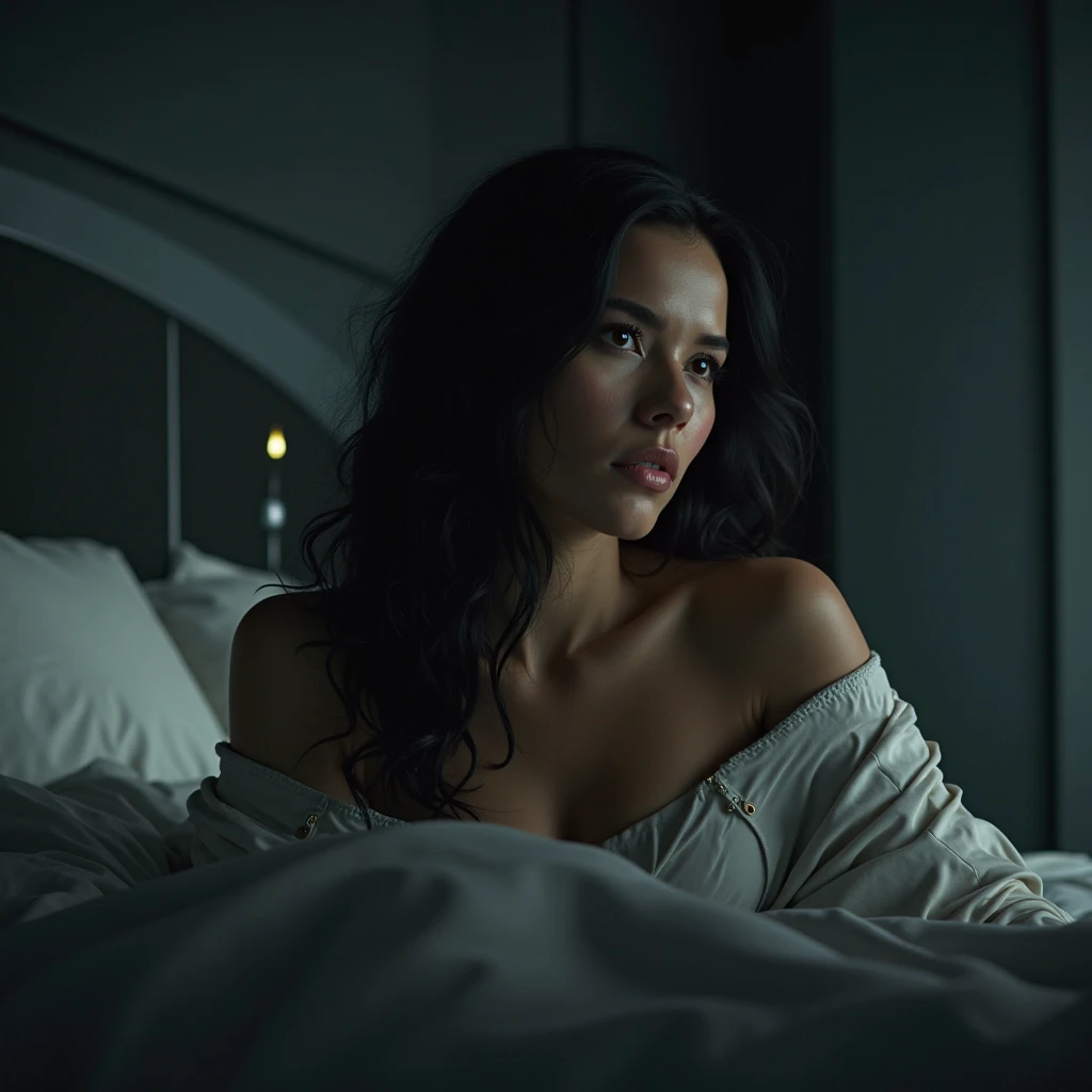 Martha Higareda in the bedroom scene by herself from the series Altered Carbon