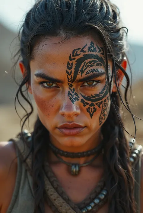 Create a realistic face of a female warrior, tattoo stencil 