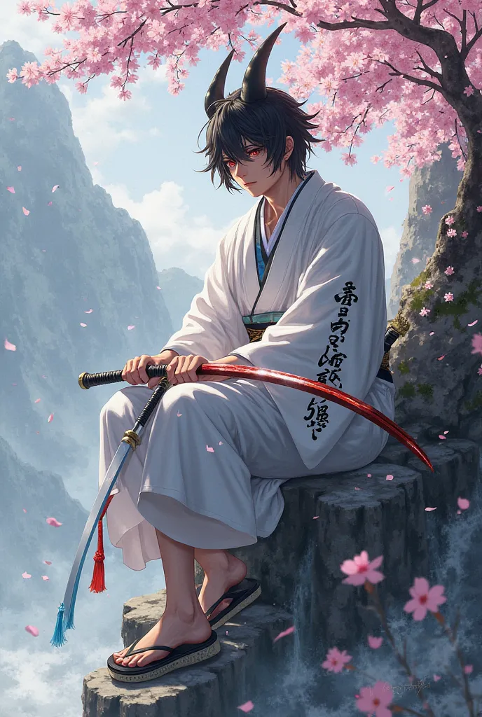 Man with White kimono dragon written on right arm sandals black hair red eyes 2 swords one red one blue black samurai hat with 2 short horns covering face   on a ledge of a mountain surrounded by Sakura trees 