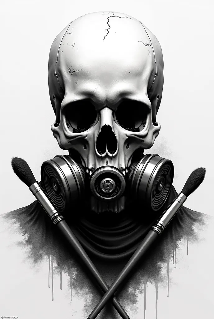 Skull with gas mask and two brushes in black and white logo