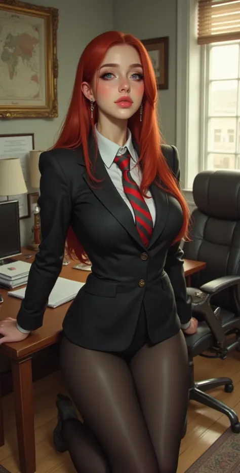 High definition,  Masterpiece , best quality,high detail, High quality, full length ,full frame,full height, straight hair,  red hair, big breasts,  earrings, Blue eyes, makeup, scarlet lips,  two girls, Business suit, office, Posing in the office.