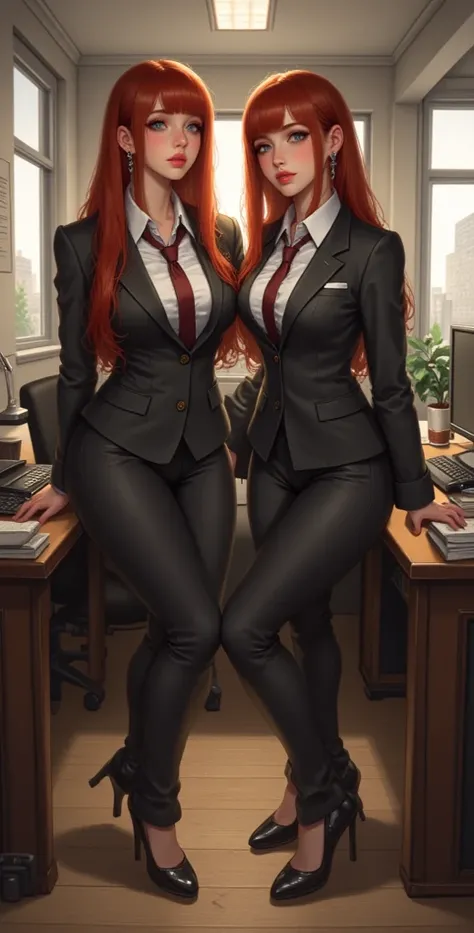 High definition,  Masterpiece , best quality,high detail, High quality, full length ,full frame,full height, straight hair,  red hair, big breasts,  earrings, Blue eyes, makeup, scarlet lips,  two girls, Business suit, office, Posing in the office.