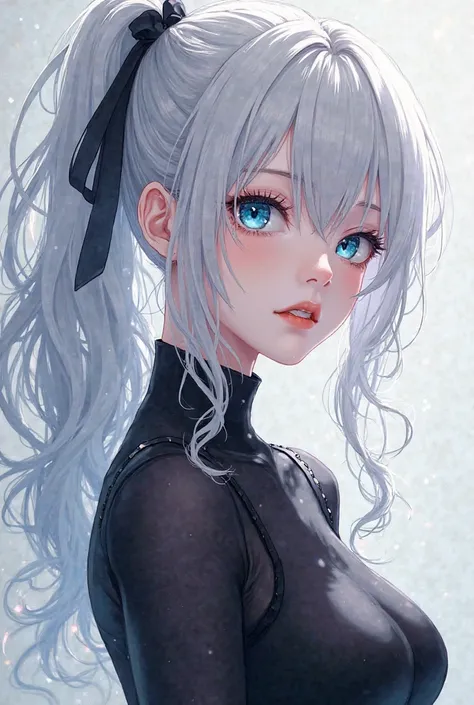 An anime girl with white hair, blue eyes and white skin, Black clothes and a great body