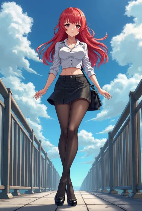 (Anime:1.2), beautiful woman, 5'8", Red wavy hair, Hazel Eyes, DD-Cup Breasts, Taut Stomach, Curvy Ass, Long Shapely Legs, BREAK, White Blouse, Black Short Skirt, Black High-Heeled Shoes, Stockings, Black Purse, BREAK, Standing on a Bridge, Ready to Jump