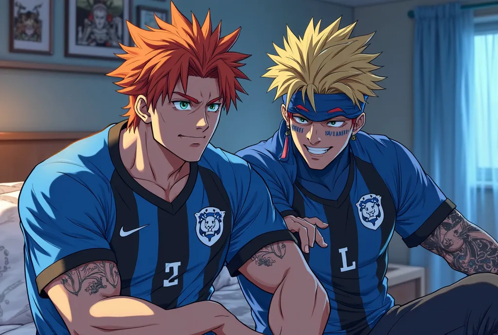 je veux une image de 2 male oc menaçant et musclé.de l'anime blue lock saison 3.
l'un a des cheveux orange form dragons yeux ecarlate stylé artificiel 
tatuage 
visage sauvage maillot foot bleu et noir avec un symbol lion.
l'autre plus enervé cheveux rose ...