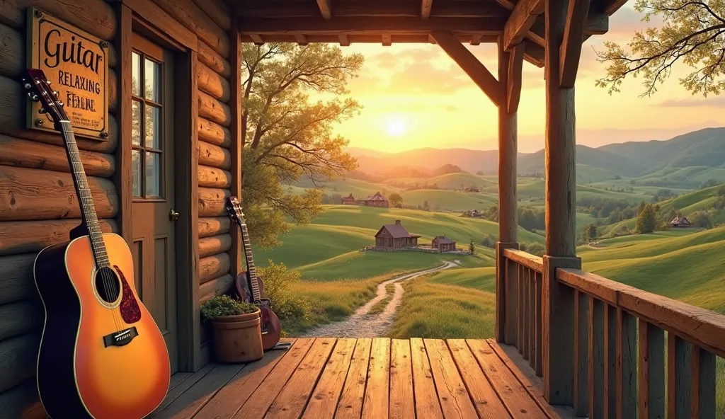 "Create a digital painting of a countryside wooden cabin porch with a warm sunset glow. A classic acoustic guitar with a sunburst finish leans against the wooden wall next to a sign that says 'Guitar Relaxing' in elegant vintage font. The background featur...