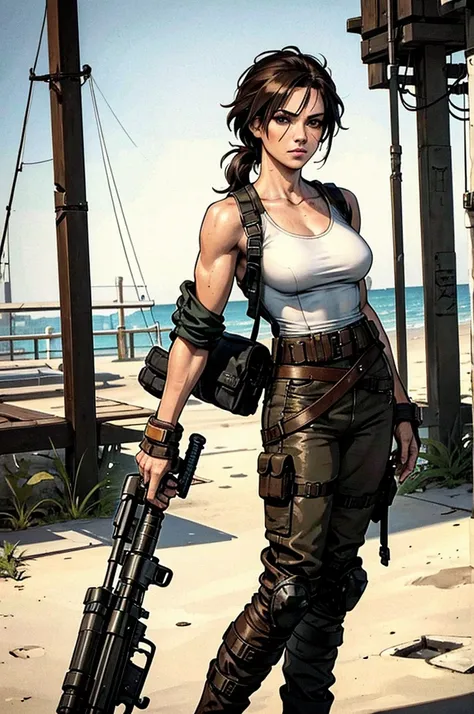 a military woman, well trained body, white sleeveless t-shirt, Exposed collarbone, beige leather shelter, blue pants, two leather belts with gun pockets, dark brown hair, carving, Brown eyes, hazel left eye, left eye with a scar, beach shore, at daytime, g...