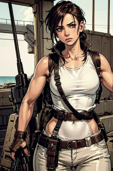 a military woman, well trained body, white sleeveless t-shirt, Exposed collarbone, beige leather shelter, blue pants, two leather belts with gun pockets, dark brown hair, carving, Brown eyes, hazel left eye, left eye with a scar, beach shore, at daytime, g...