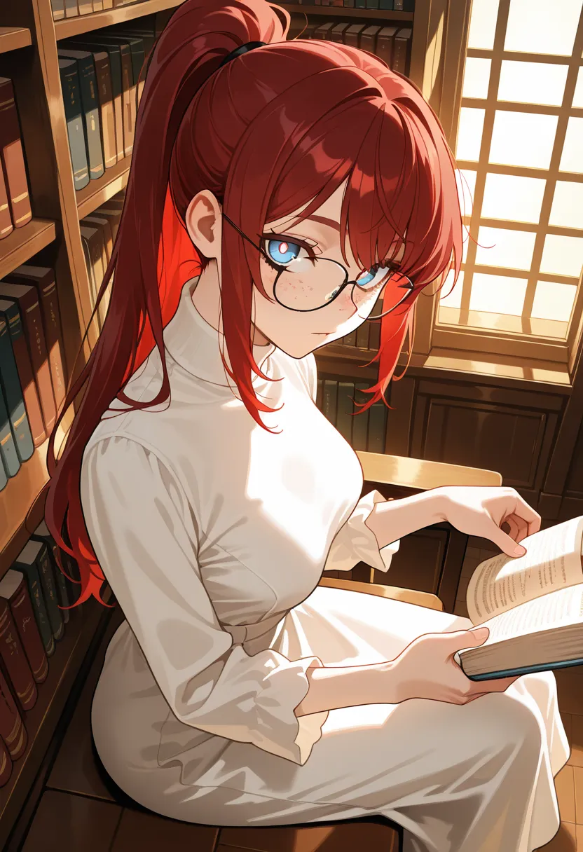 masterpiece, best quality, amazing quality, rating_safe, from side, from above, 1girl, aged up, sitting, looking at viewer, holding book, red hair, long hair, high ponytail, bangs, blue eyes, two-toned eyes, gradient eyes, white pupils, (freckles), medium ...