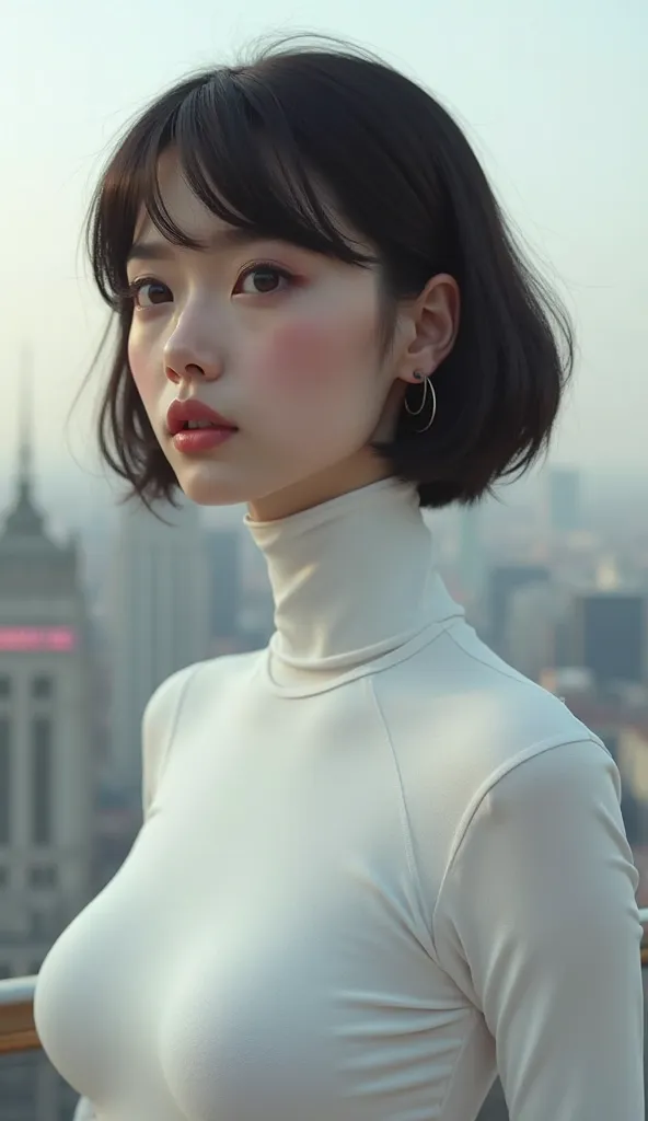 A beautiful girl with realistic features and an extremely long neck, wearing a tight white lycra turtleneck that covers her entire neck. The turtleneck is tight and  stuck to the neck. She looks straight ahead at a city landscape
Short Hair, Large breasts,...