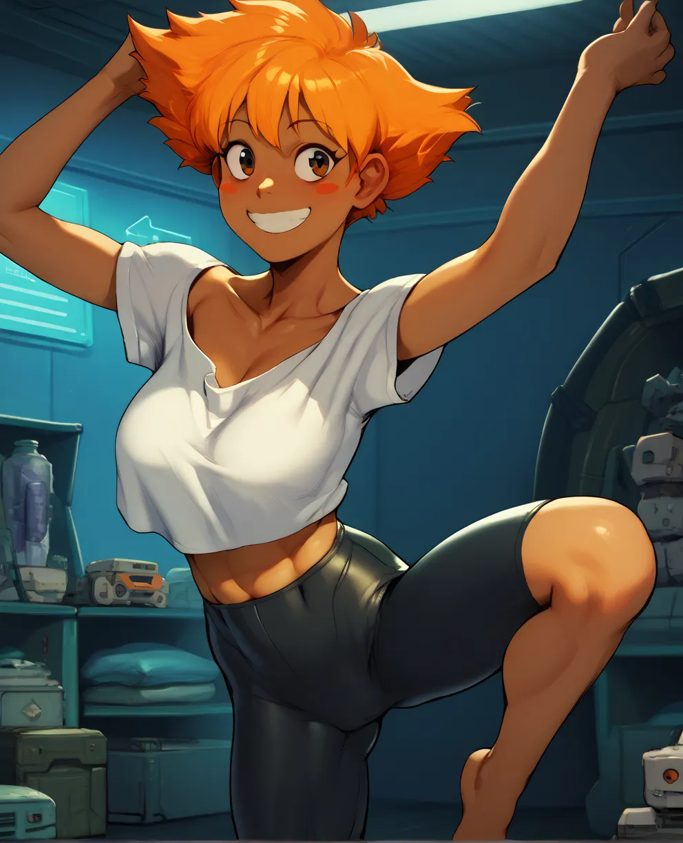 score_9,score_8_up,score_7_up,score_6_up,score_5_up,score_4_up,
edwardxl,blush stickers,dark skin, brown eyes, 
midriff,orange hair,white shirt,collarbone,
bike shorts,smile,hanging breasts,standing on one leg,
indoors,science fiction,tech room,
solo,